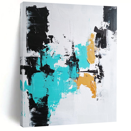 Contemporary hand-painted abstract artwork featuring bold brushstrokes in black, white, and teal, perfect for modern decor. DLZ0819