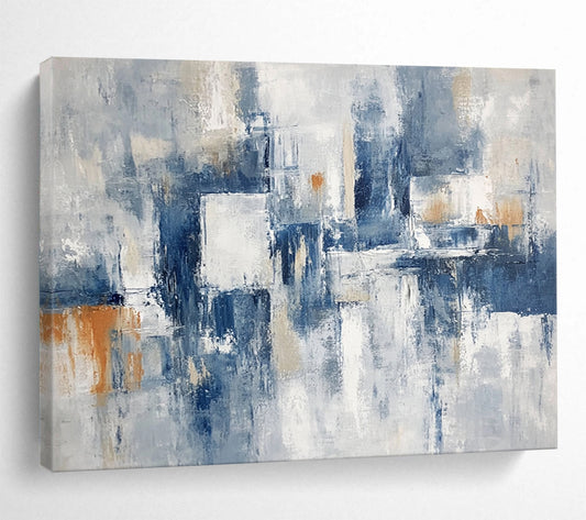 “Gray - Blue Abstract with Orange Accents” - Gray, Blue, White, Orange, Abstract Shapes Painting On Canvas HB0834