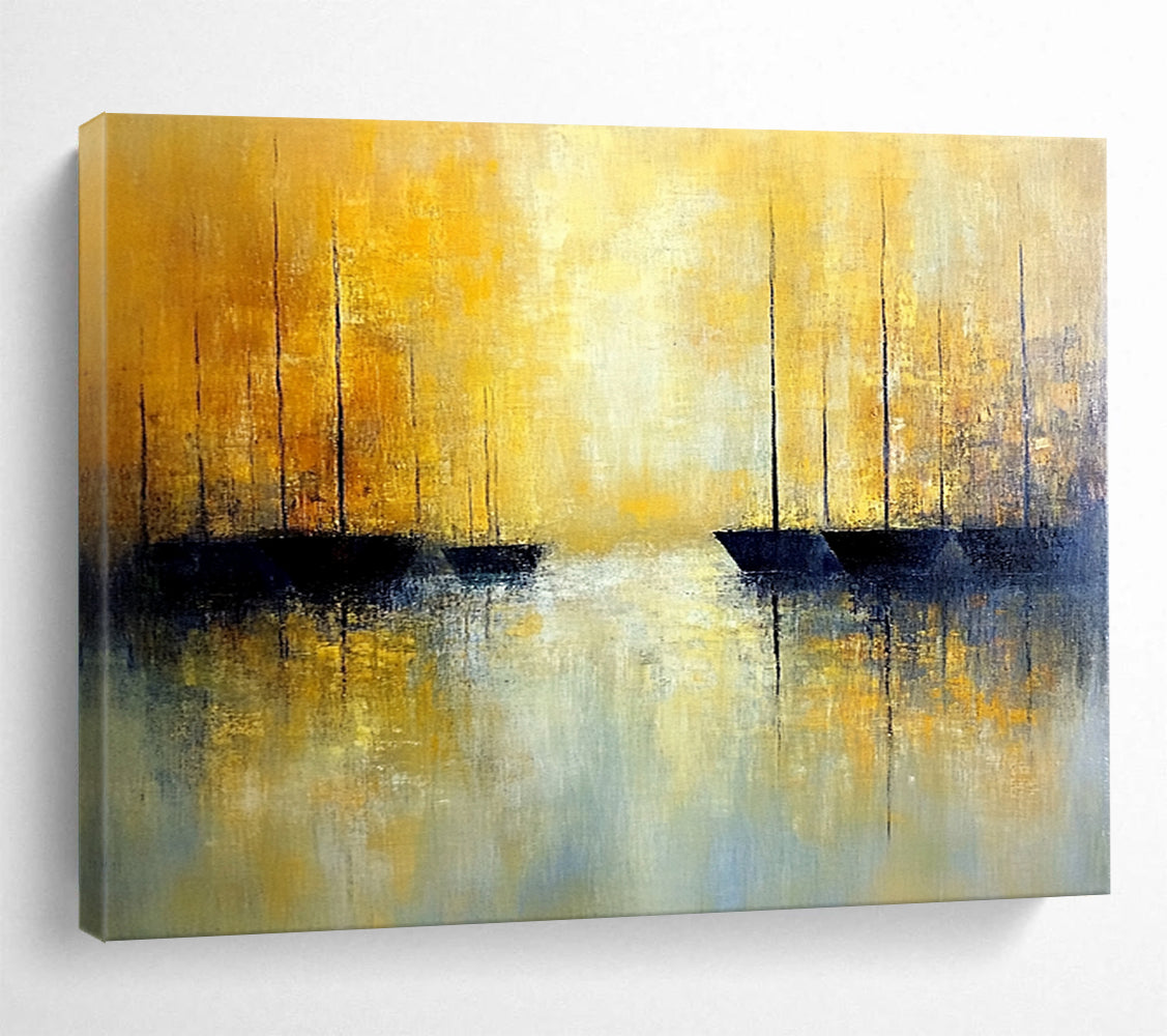 “Golden Sailboat Abstract” - Yellow, Blue, Black with Sailboat Silhouettes - Painting On Canvas HB1383