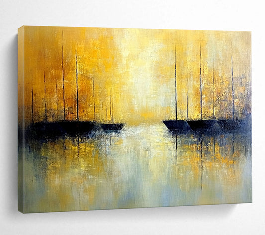 “Golden Sailboat Abstract” - Yellow, Blue, Black with Sailboat Silhouettes - Painting On Canvas HB1383