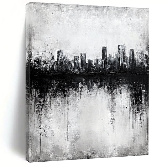 Contemporary abstract painting with textured canvas showcasing a city skyline reflected in a lake, featuring dark gray tones in a striking black and white palette. DLZ0299