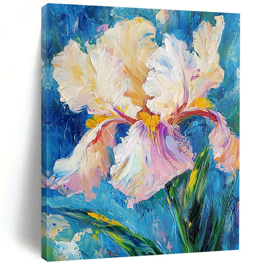 Contemporary abstract art featuring an iris flower with thick impasto brush strokes in white and pink, yellow hints, and teal green leaves against a blue background. DLZ1671