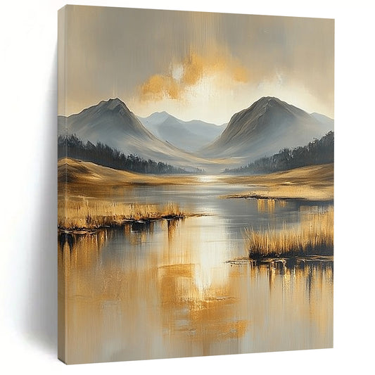 Contemporary abstract landscape painting featuring serene beige and gold tones, water reflections, distant mountains, and tranquil skies in heavy oil brush strokes. DLZ0410