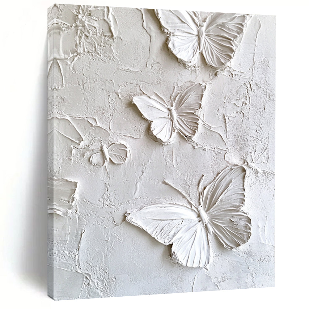 Contemporary abstract artwork featuring white butterflies on a textured plaster wall, enhanced high-definition texture detail for a striking visual impact. DLZ1739