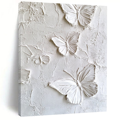 Contemporary abstract artwork featuring white butterflies on a textured plaster wall, enhanced high-definition texture detail for a striking visual impact. DLZ1739