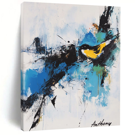 Contemporary hand-painted abstract artwork featuring expressive calligraphy and vibrant splashes of color including a yellow bird against a white background. DLZ0358