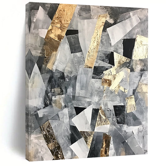 Gray, Black, White and Gold Abstract Collage "Urban Mosaic" Painting On Canvas HB369