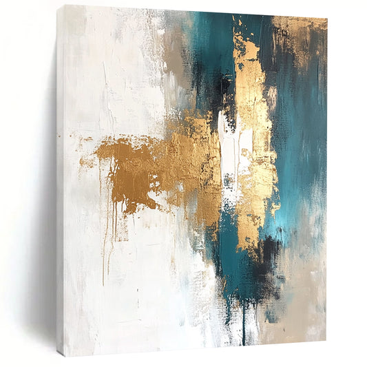 Contemporary hand-painted abstract artwork featuring gold leaf with white teal beige and brown tones and elegant gold foil accents. DLZ0743