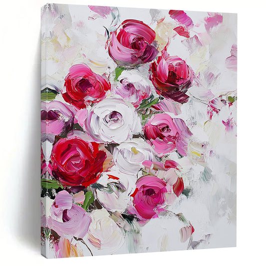 Contemporary hand-painted abstract art featuring vibrant red and pink roses on a white background with loose strokes and a dreamy bouquet effect. DLZ0992