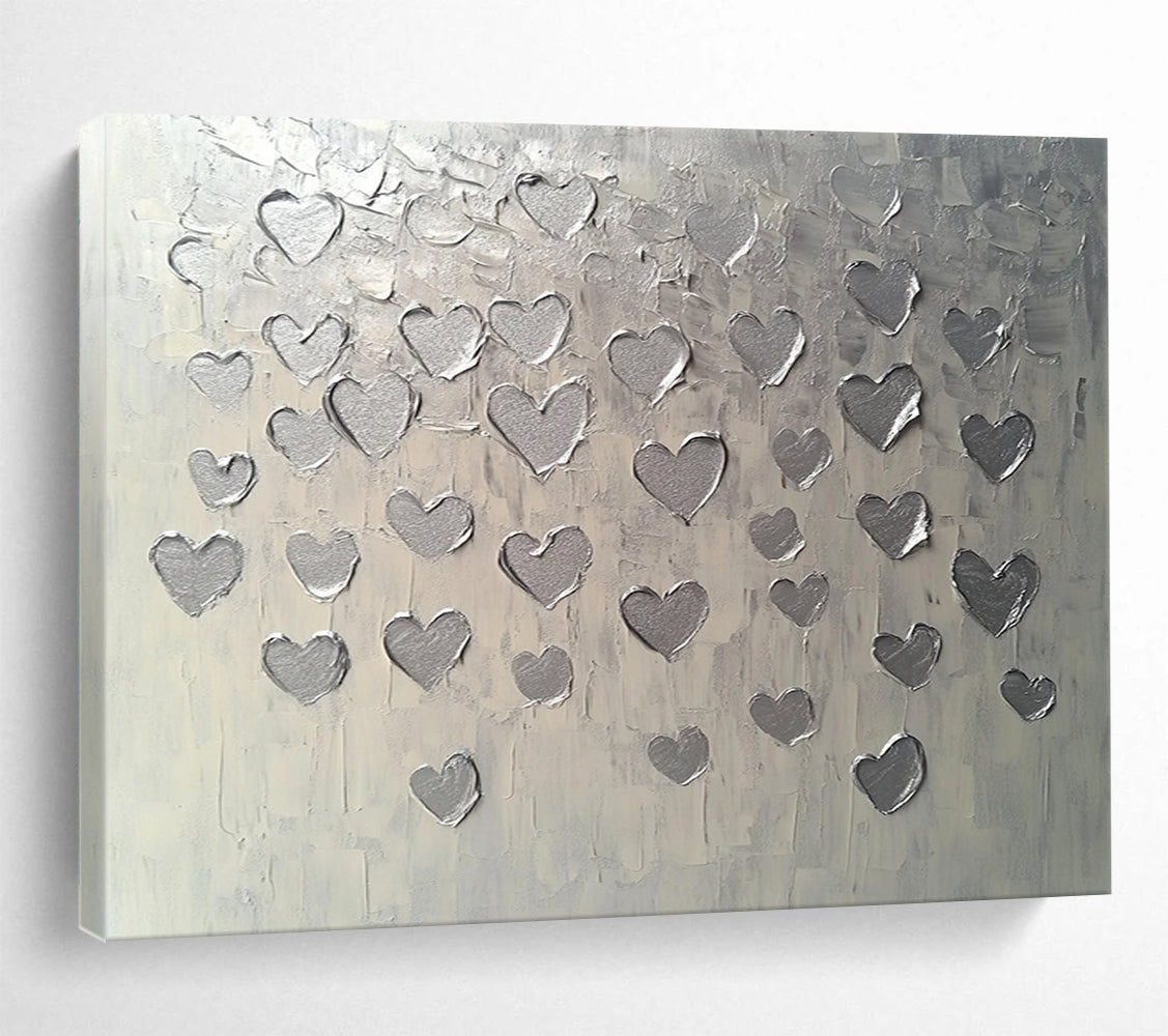 “Textured Silver Hearts” - Silver, Gray, Raised Heart Shapes - Textured Acrylic Painting HB1670