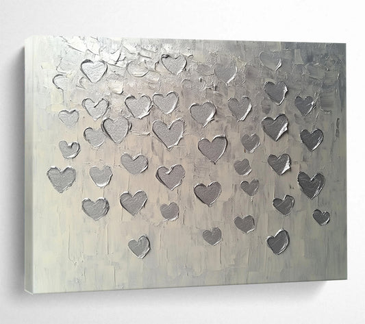 “Textured Silver Hearts” - Silver, Gray, Raised Heart Shapes - Textured Acrylic Painting HB1670