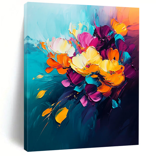 Large contemporary abstract painting featuring vibrant flowers on dark blue background with orange and pink accents soft brush strokes create energetic modern art style. DLZ0619