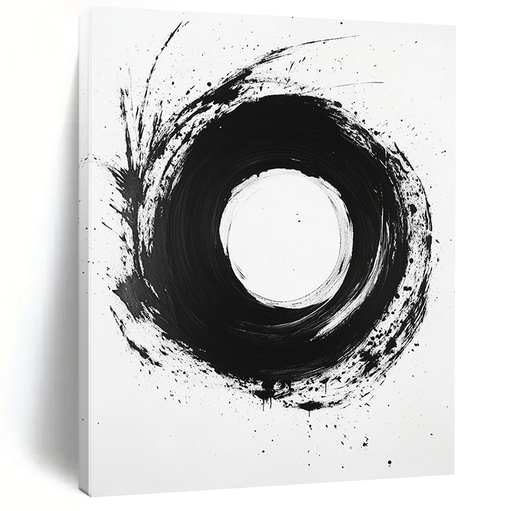 Black, White, Bold Circular Stroke "Ink Moon" Abstract Minimalist Painting On Canvas HB132