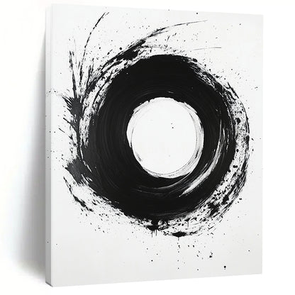 Black, White, Bold Circular Stroke "Ink Moon" Abstract Minimalist Painting On Canvas HB132