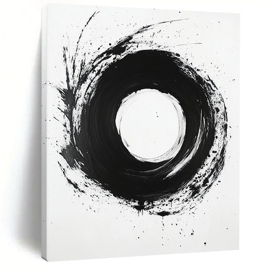Black, White, Bold Circular Stroke "Ink Moon" Abstract Minimalist Painting On Canvas HB132