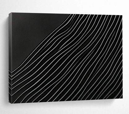 “Curved Black & Silver Lines” - Blacks, Silvers, Abstract Wave Lines - Mixed Media Art HB1623