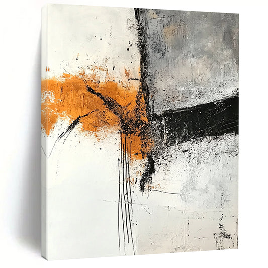 Contemporary abstract artwork featuring textured layers in gray and amber tones with rust orange highlights on a white canvas and expressive black ink lines. DLZ0274