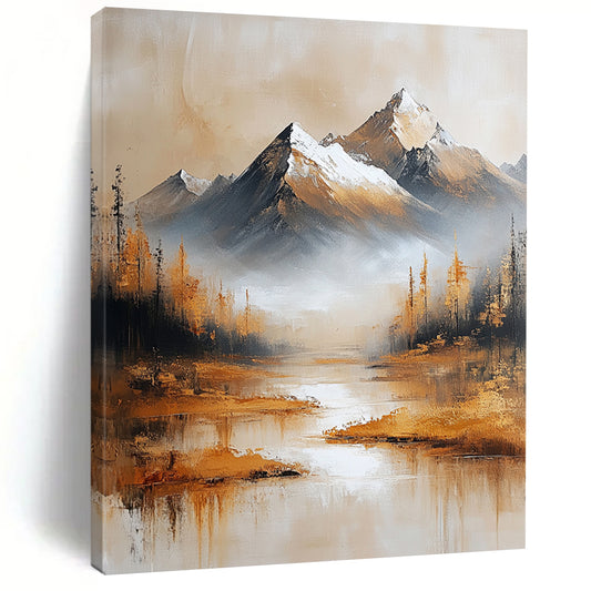 Contemporary abstract oil painting features golden mountains with a snow-capped background in a minimalist beige and gold color scheme. DLZ0481