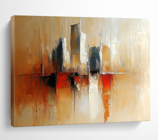 “City Silhouette in Warm Tones” - Beige, Brown, Red, Abstract Cityscape Painting On Canvas HB0966