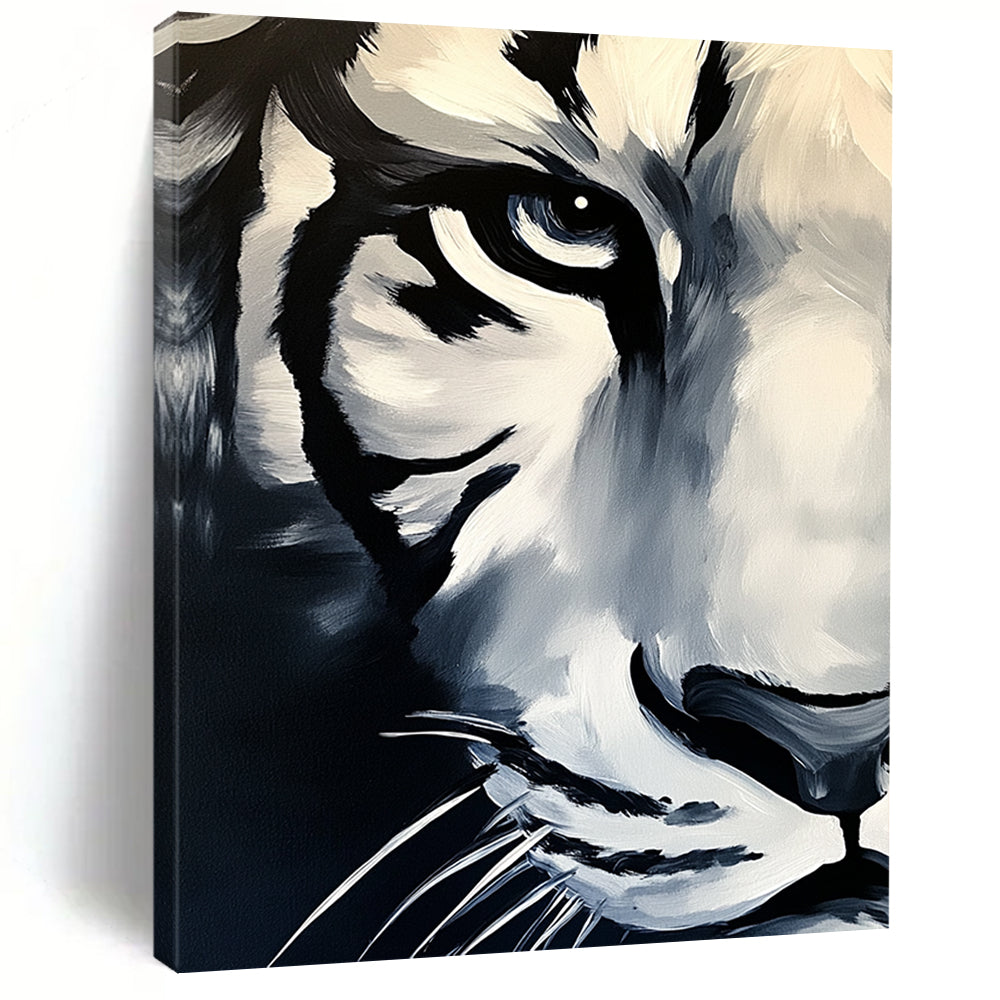 Contemporary abstract painting featuring a white tiger's face in dark tones against a grey background with vibrant brush strokes on canvas. DLZ1567
