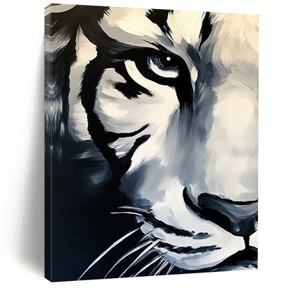 Contemporary abstract painting featuring a white tiger's face in dark tones against a grey background with vibrant brush strokes on canvas. DLZ1567