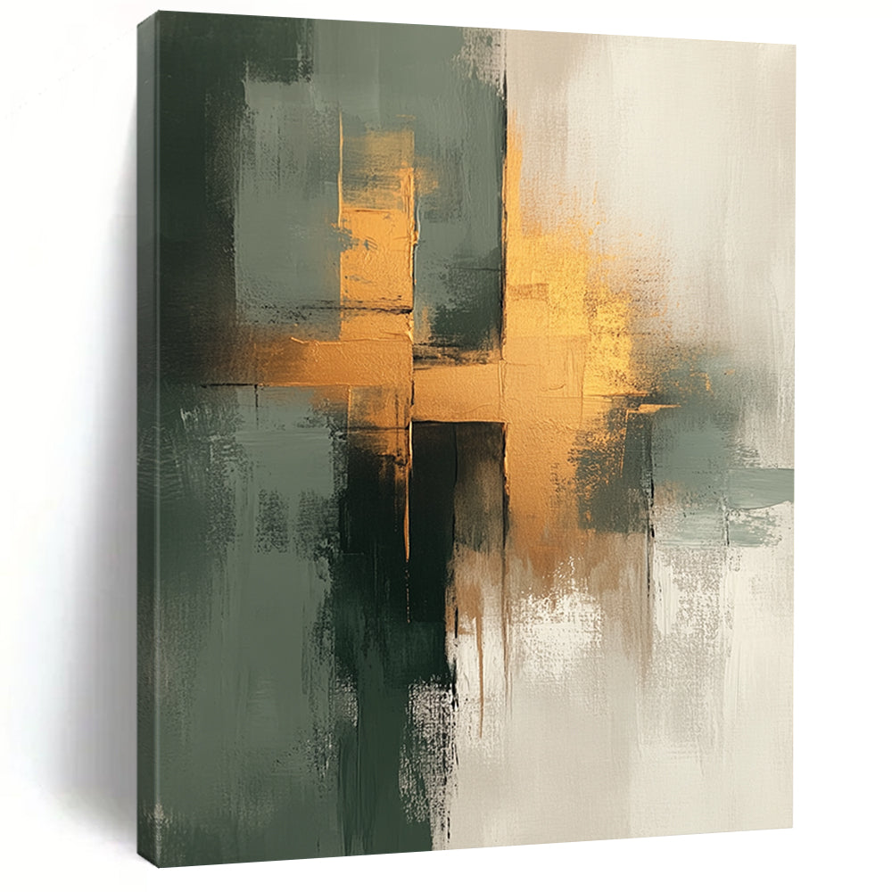 Contemporary hand-painted abstract artwork featuring neutral tones with sage green and gold accents, exuding a soft and gentle aesthetic on textured canvas. DLZ0555
