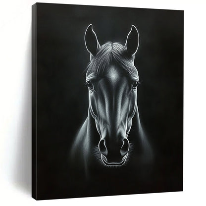 Contemporary handcrafted painting featuring a horse's head in black and white with dramatic chiaroscuro effects and deep shadows on a dark background. DLZ1443
