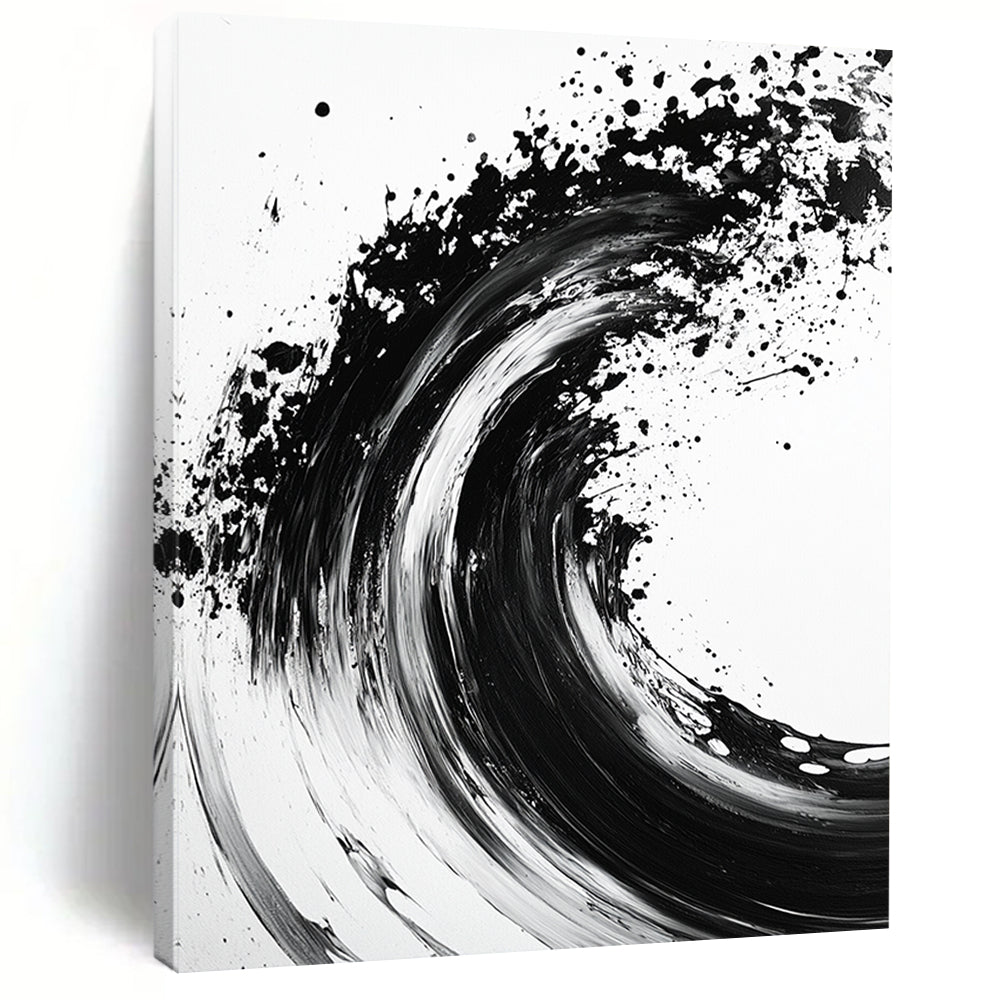 Black, White, Wave - Like Ink Splash "Ink Wave Symphony" Abstract Expressionist Painting On Canvas HB134
