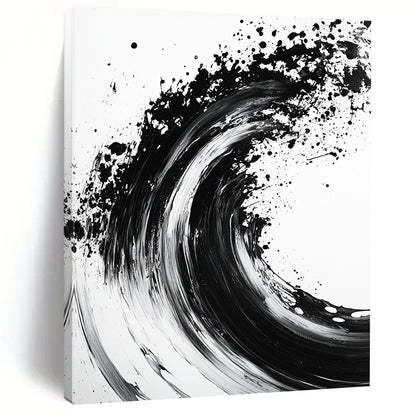 Black, White, Wave - Like Ink Splash "Ink Wave Symphony" Abstract Expressionist Painting On Canvas HB134