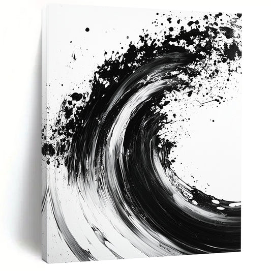 Black, White, Wave - Like Ink Splash "Ink Wave Symphony" Abstract Expressionist Painting On Canvas HB134