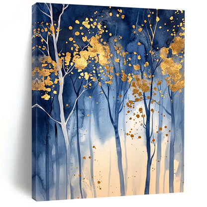 Contemporary hand-painted abstract artwork featuring an enchanted blue forest with golden leaf accents and soft lighting that evokes tranquility and magic. DLZ0326