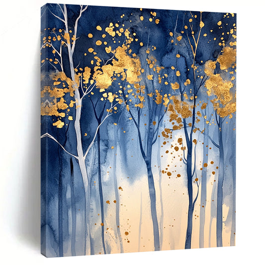 Contemporary hand-painted abstract artwork featuring an enchanted blue forest with golden leaf accents and soft lighting that evokes tranquility and magic. DLZ0326
