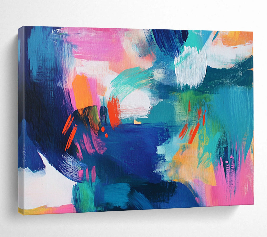 “Color Burst Chaos” - Blue, Pink, Orange, Abstract Brushstrokes Painting On Canvas HB0736