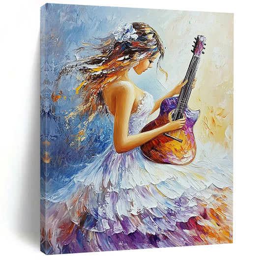 Contemporary abstract oil painting featuring a girl in a flowing white and purple dress playing guitar with vibrant colors and delicate brushstrokes. DLZ1658