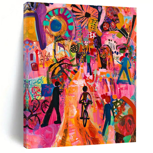 Vibrant contemporary abstract painting capturing urban festival energy with dancing figures decorated bicycles musical instruments and cultural symbols in bright colors. DLZ1030