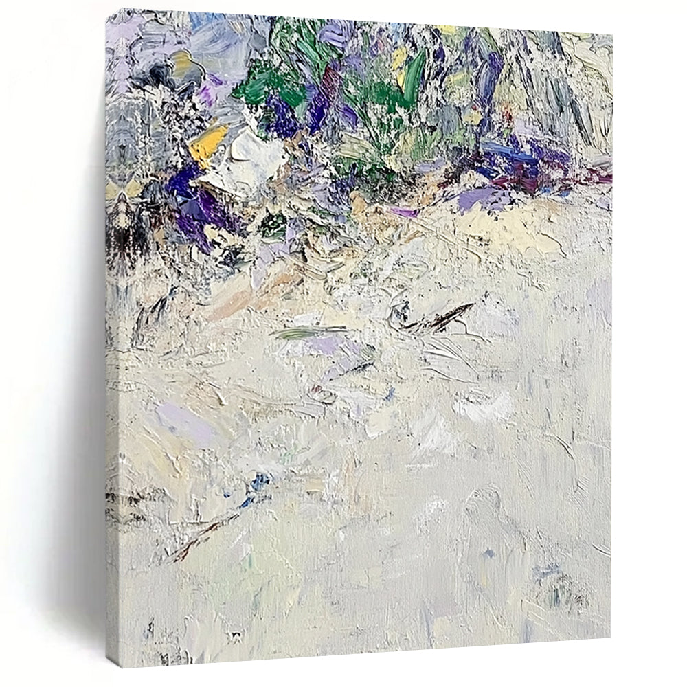 Large contemporary hand-painted abstract artwork featuring textured white sand with vibrant green and purple accents in the style of Claude Monet. DLZ0675
