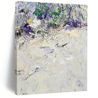 Large contemporary hand-painted abstract artwork featuring textured white sand with vibrant green and purple accents in the style of Claude Monet. DLZ0675