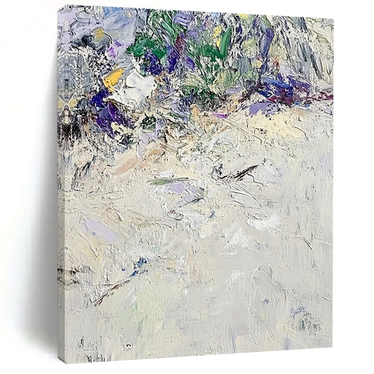 Large contemporary hand-painted abstract artwork featuring textured white sand with vibrant green and purple accents in the style of Claude Monet. DLZ0675