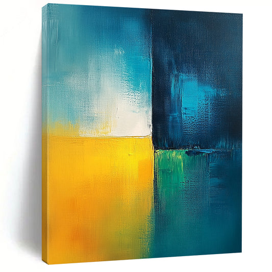 Contemporary abstract painting featuring calming blue green white and yellow hues with a light teal background and minimalist dark blue contrast bar. DLZ0355