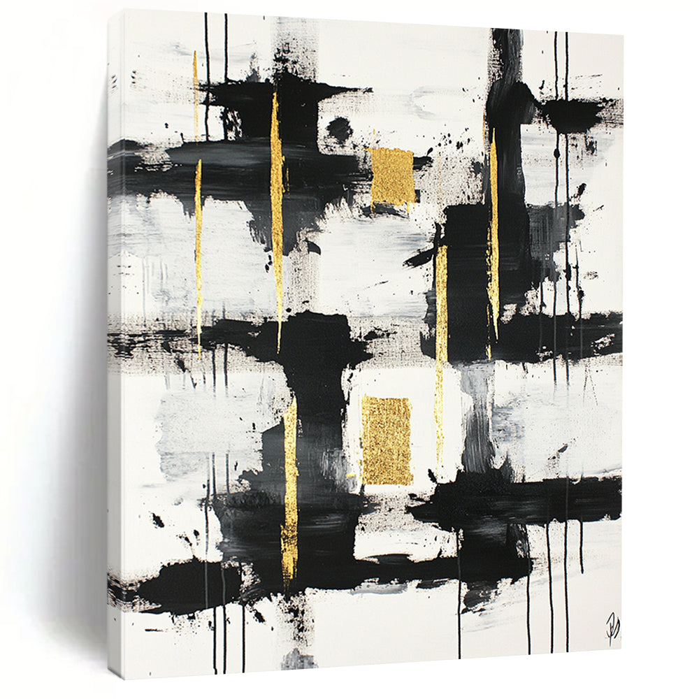 Black, White, Gold, Gray, Textured Blocks "Gilded Grid" Abstract Minimalist Painting On Canvas HB100
