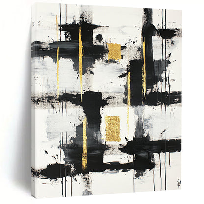 Black, White, Gold, Gray, Textured Blocks "Gilded Grid" Abstract Minimalist Painting On Canvas HB100