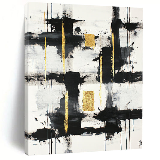 Black, White, Gold, Gray, Textured Blocks "Gilded Grid" Abstract Minimalist Painting On Canvas HB100