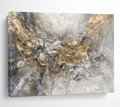 “Golden - Gray Textured Abstraction” - Gold, Gray, Textured Swirls Painting On Canvas HB0786