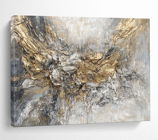 “Golden - Gray Textured Abstraction” - Gold, Gray, Textured Swirls Painting On Canvas HB0786