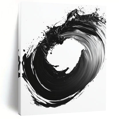 Black & White Circular Ink Brushstroke - “Infinite Ink Loop” Painting On Canvas HB230