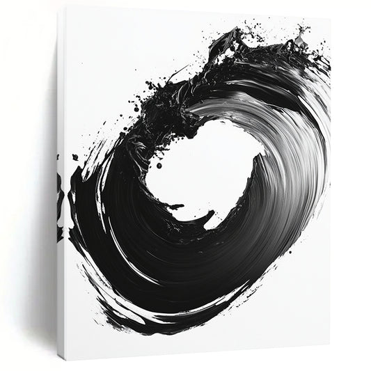 Black & White Circular Ink Brushstroke - “Infinite Ink Loop” Painting On Canvas HB230