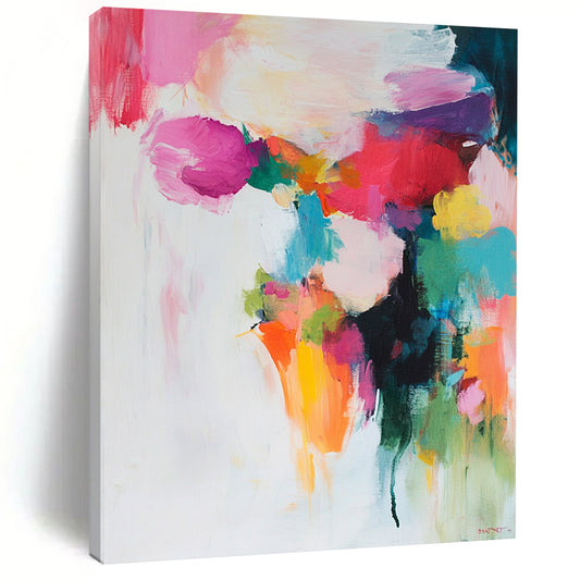 Contemporary abstract painting features soft colors in brush strokes and shapes on a white background with pinks reds greens yellows and blues. DLZ0687