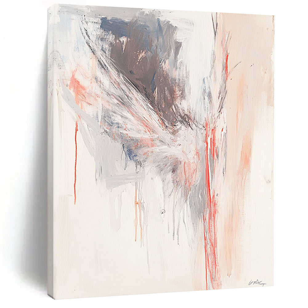 Contemporary abstract painting featuring soft red lines forming an angelian shape against a light gray and white background. DLZ0865