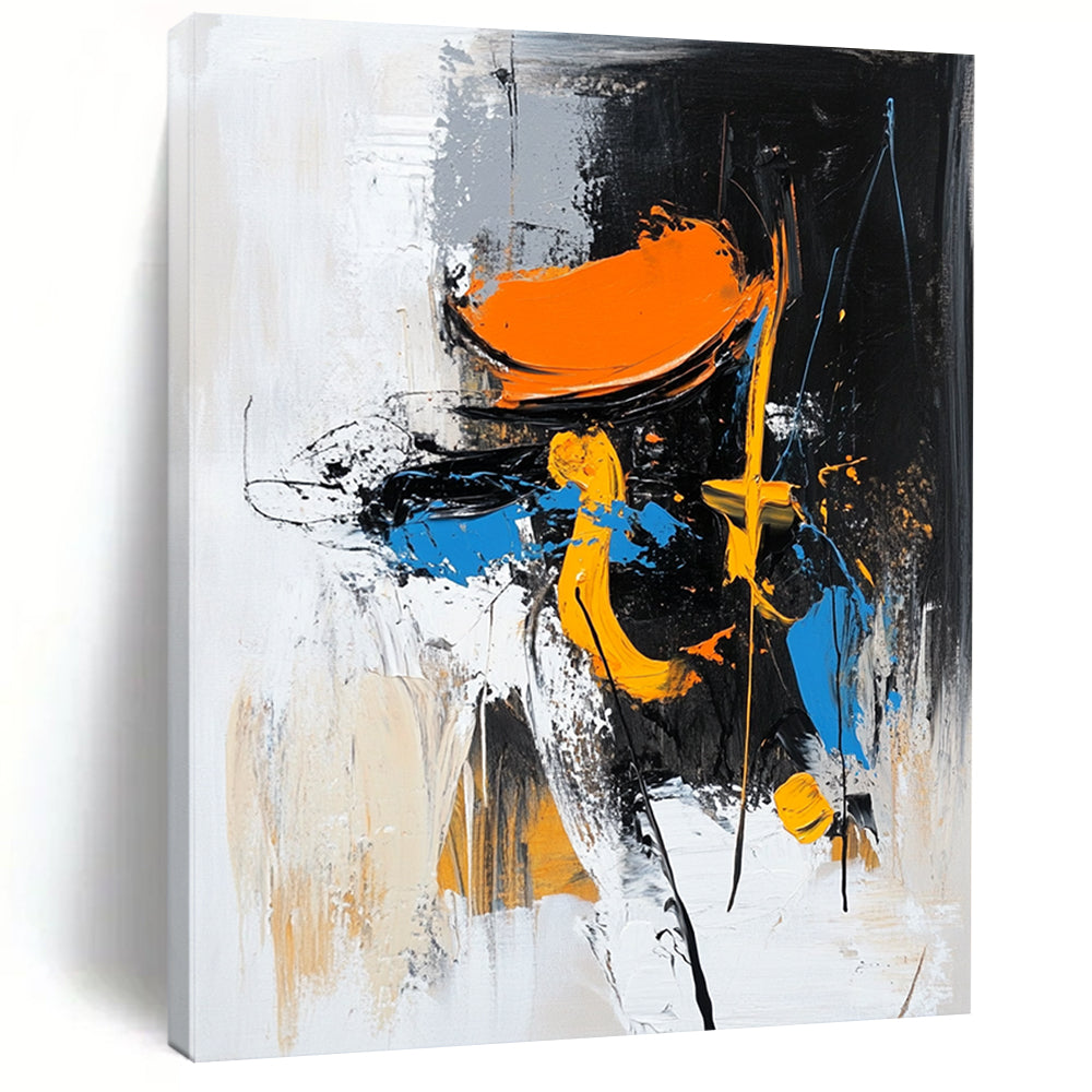 Contemporary abstract painting featuring a figure in motion with an orange hat and black boots set against dynamic brush strokes and vibrant colors. DLZ0868