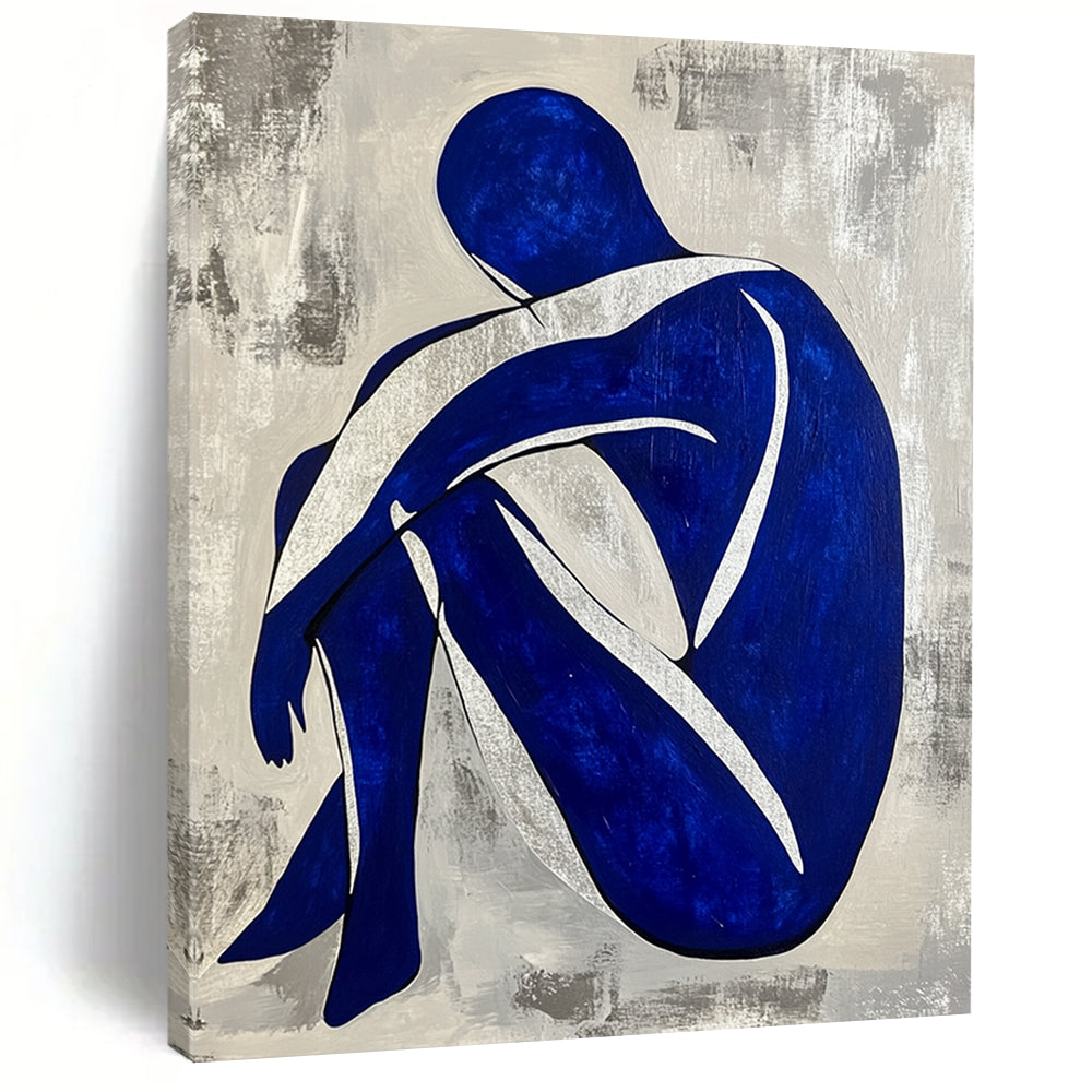 Contemporary hand-painted abstract artwork featuring a seated blue and white figure with a grey background and silver lines. DLZ0586